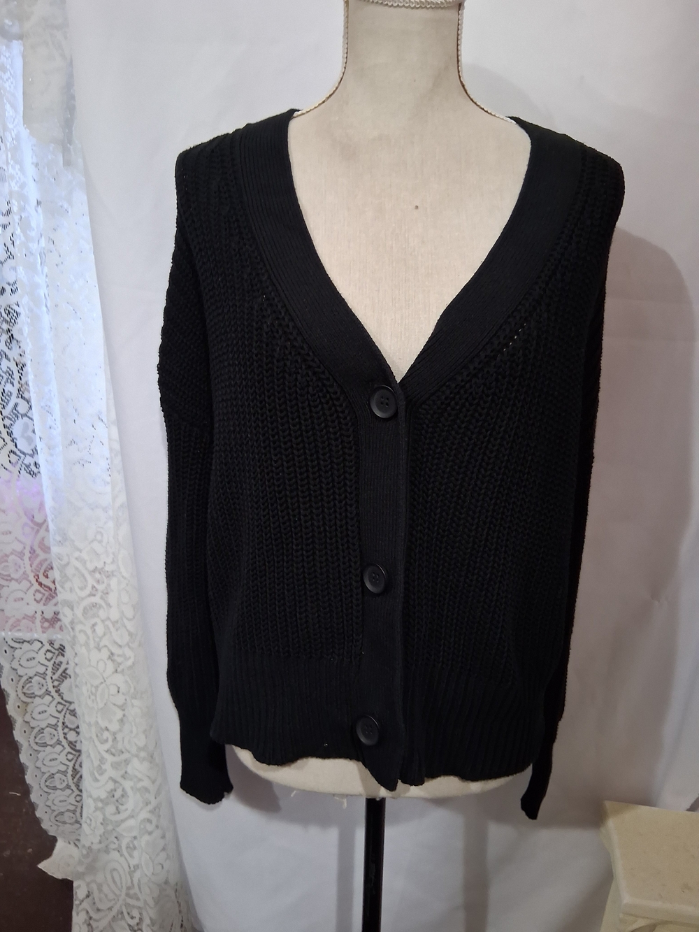Women's Black V-Neck Button Front Knit Cardigan